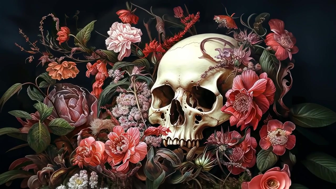 Teschio gotico circondato da fiori romantici scuri