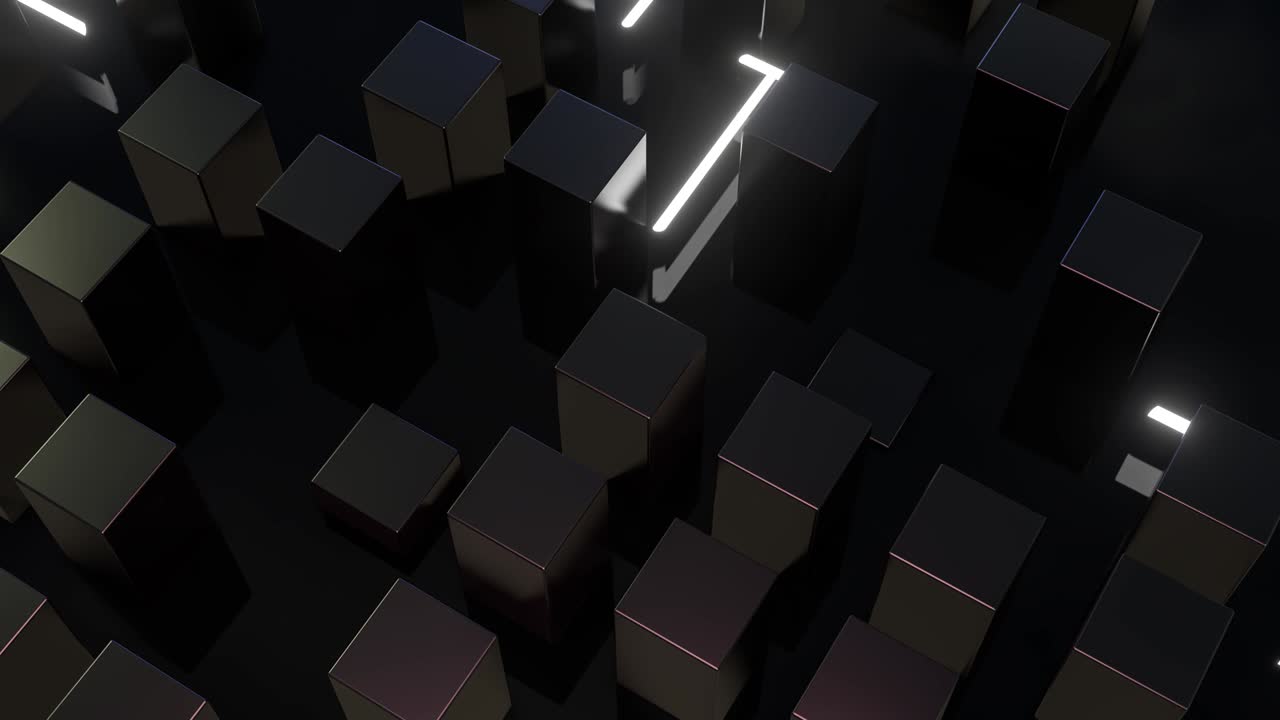 3d render: Abstract animation of white light traces in a minimalist black cubic texture. Mimicking traffic in a large city. Loopable video.