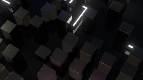 3d render: abstract animation of white light traces in a minimalist black cubic texture. mimicking traffic in a large city. loopable video.