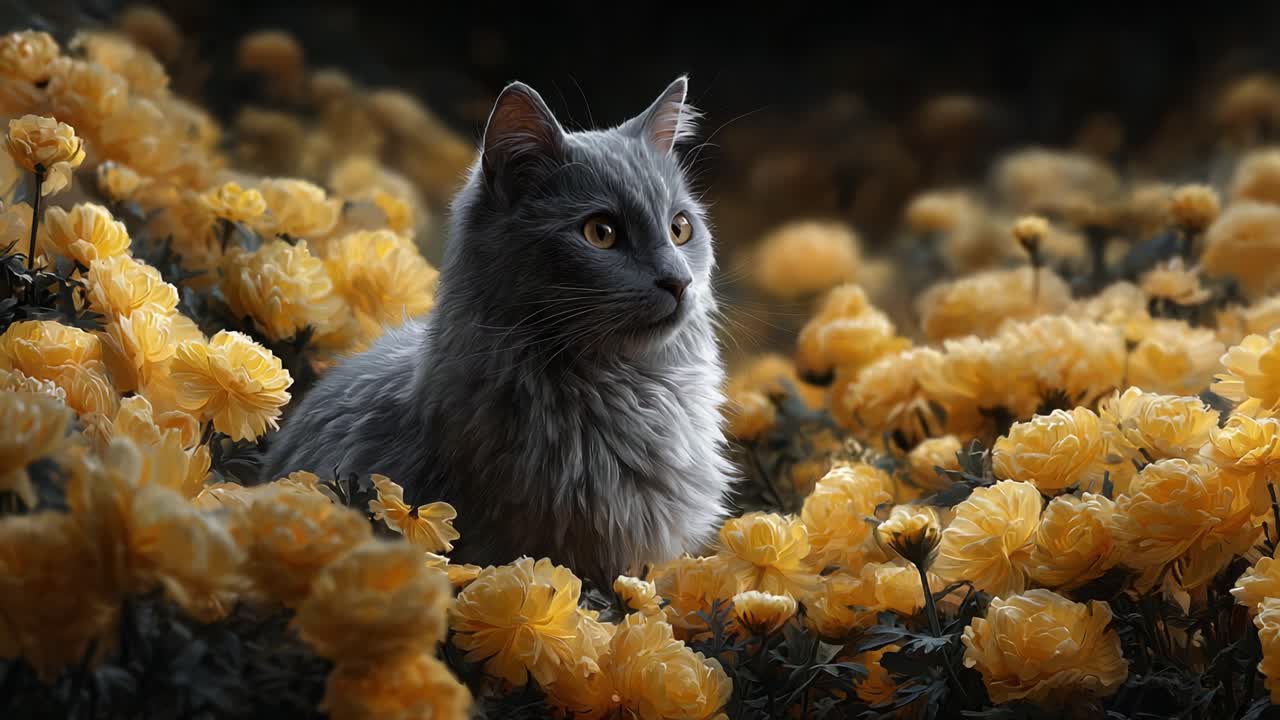 A Cat Surrounded by Vibrant Yellow Flowers: A Serene Portrait of Nature's Beauty and Feline Majesty Captured in Golden Blooms