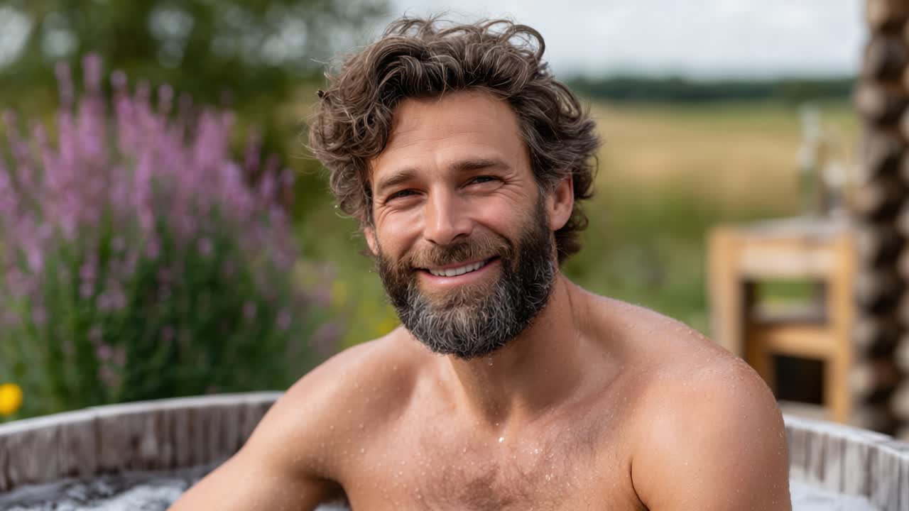 Um Homem Relaxado Desfruta de Tempo Livre em uma Banheira de Hidromassagem Rodeado pela Natureza, Abraçando a Serenidade do Ar Livre com um Sorriso Satisfeito
