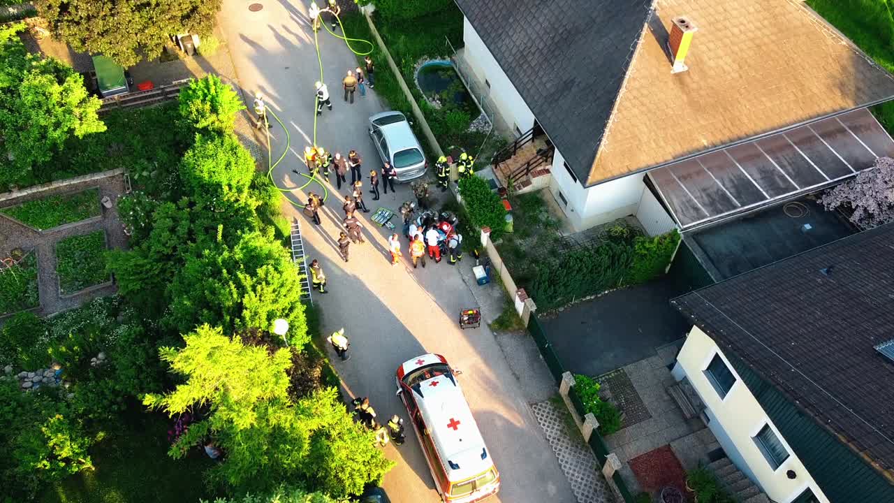 AERIAL - Firefighters and Cobra Task Force at fire in Oberwaltersdorf, Austria