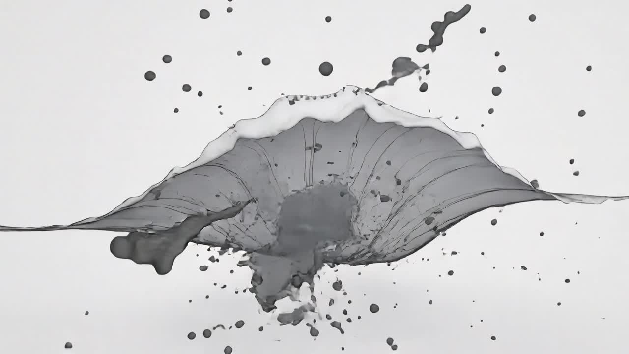 Drop striking dark gray ink mass, liquid forming umbrella sheet flowing ribbon in studio, droplets