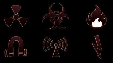 nuclear, biohazard and other danger symbols, animation, with alpha channel, loop