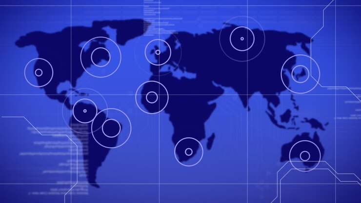 Animation of data processing and locations pulsating on world map on blue background