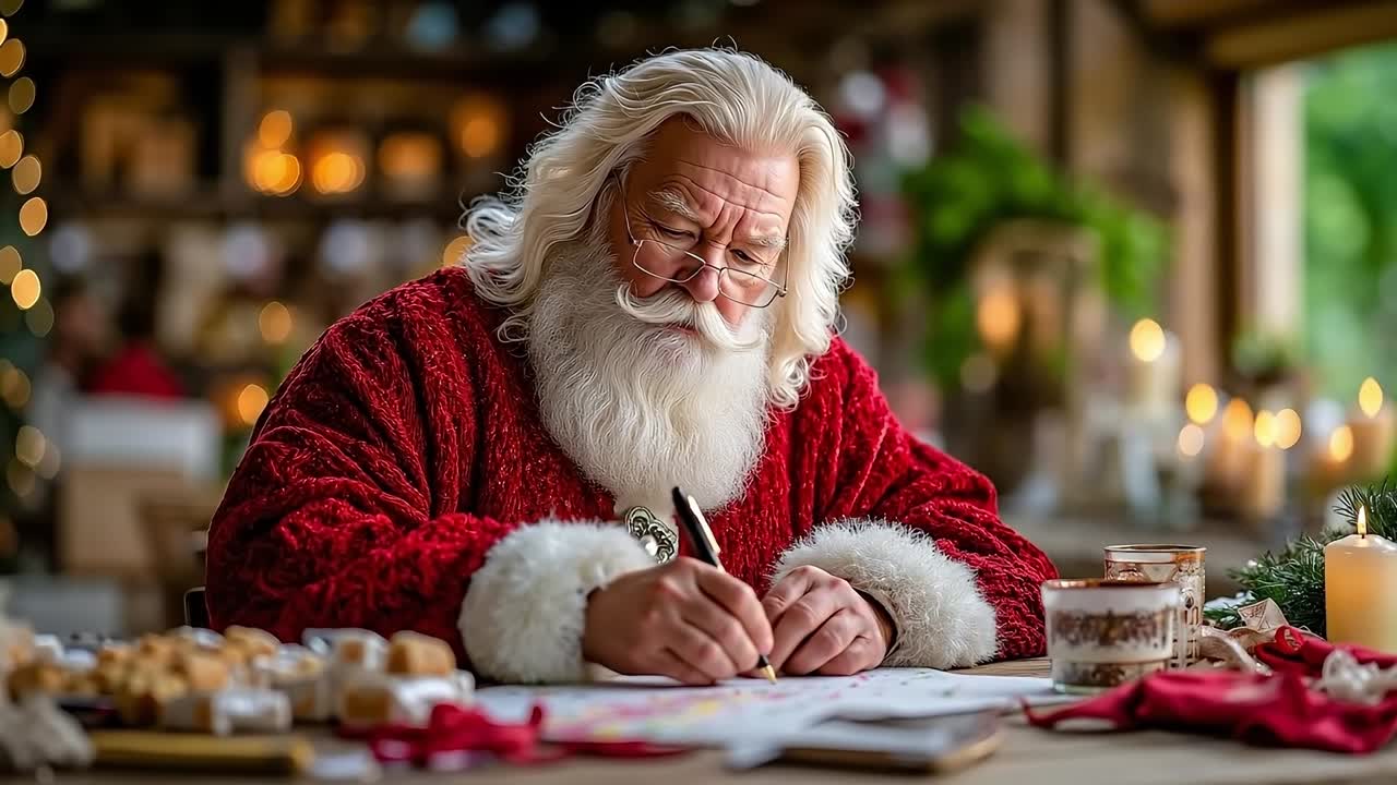 A man dressed as Santa Claus writing a letter to Santa Claus