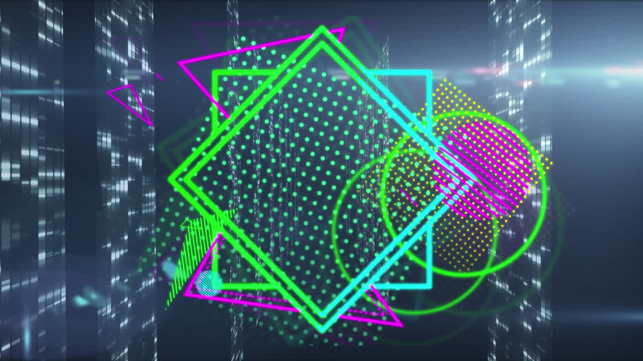 Animazione di elaborazione dati e forme su sfondo blu