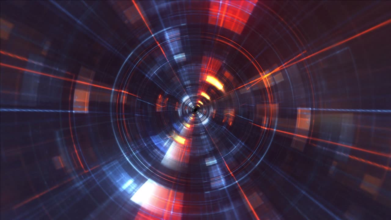 vuelo de bucle abstracto en azul naranja oscuro túnel digital futurista rayos brillantes en movimiento túneles tecnológicos digitales rayas de luz efecto animación. 4k 3d renderizado concepto de fondo de bucle sin costuras