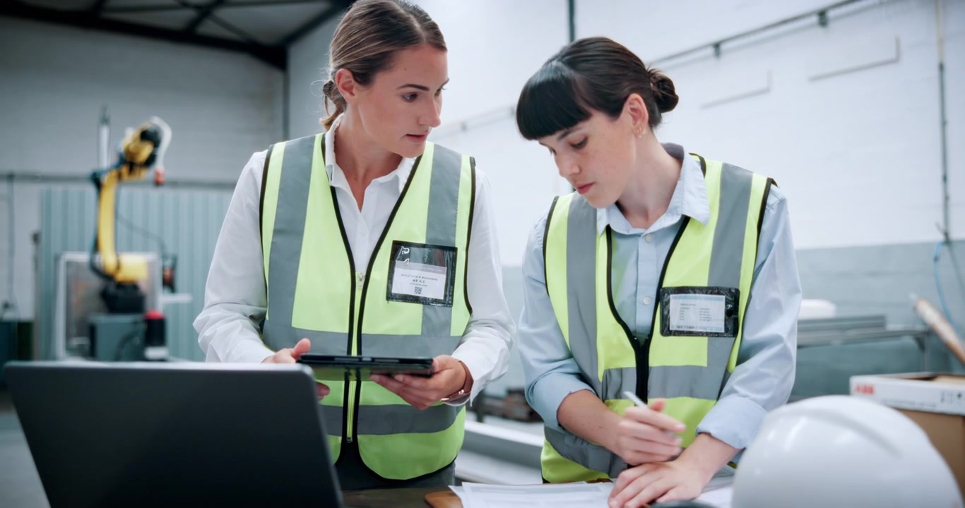 Two Female Engineers Reviewing Data in a Manufacturing Facility