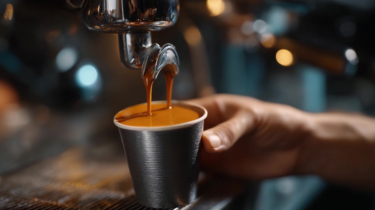 Preparare l'espresso perfetto: un barista esperto assicura precisione in ogni estrazione, catturando il ricco aroma mentre il caffè scorre in una tazza d'argento per il massimo piacere.