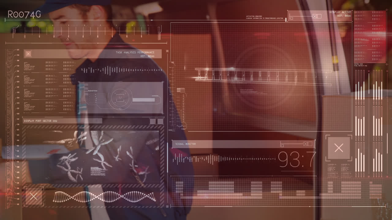 animación del procesamiento de datos sobre un mensajero caucásico masculino