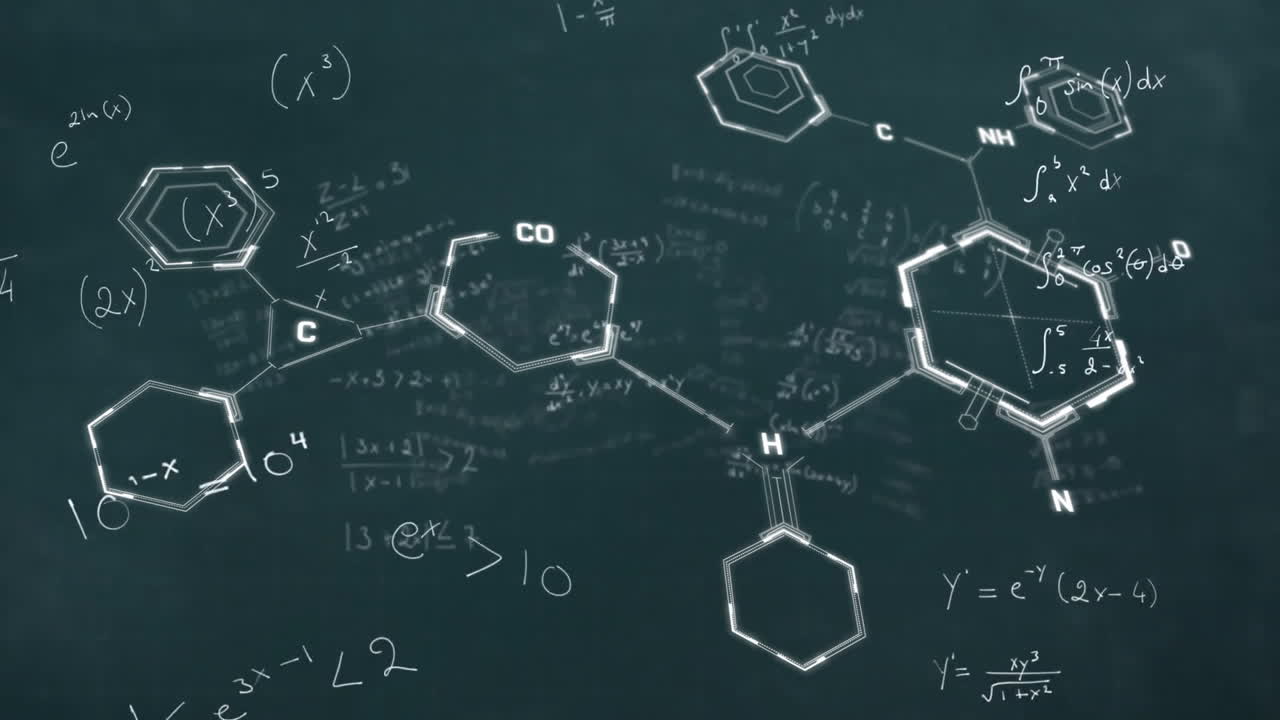 검은색 배경에 수학적 방정식 위에 화학 공식의 애니메이션