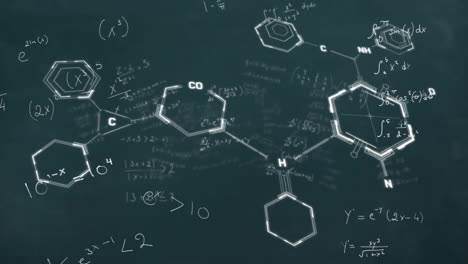 animation of chemical formula over mathematical equations on black background