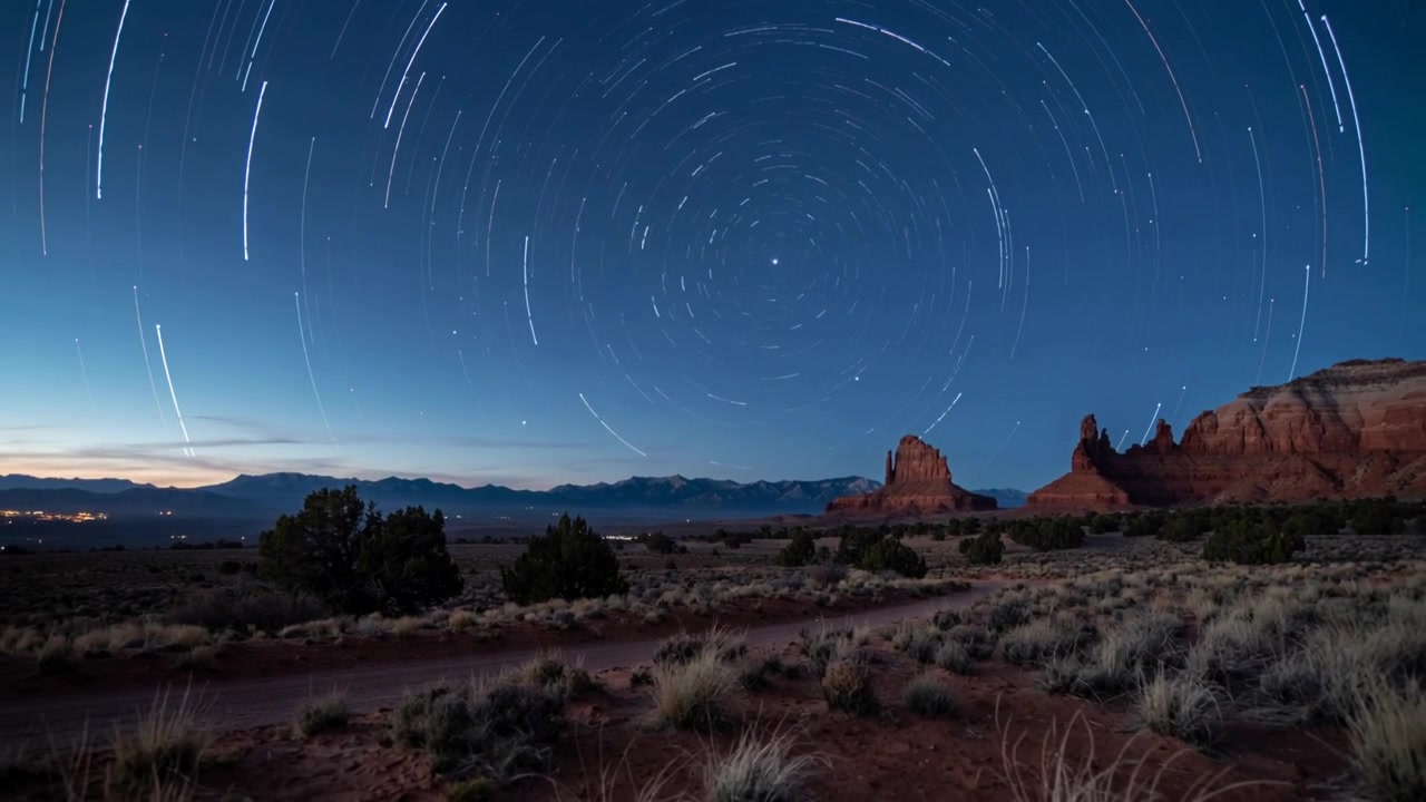 Registrando rastros de estrelas circulando o polo sobre o deserto após o início da câmera, mostrando rotação e formações rochosas avermelhadas