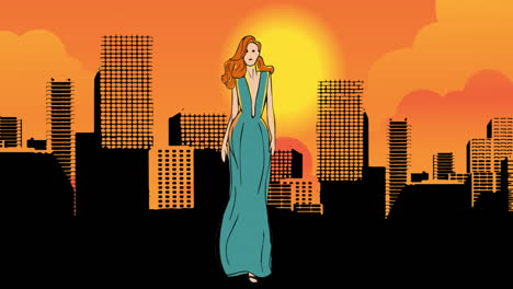 animation of fashion drawing of model over cistyscape, on orange background