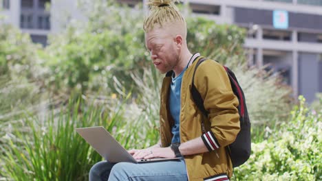 hombre albino afroamericano pensativo con rastas sentado en el parque usando una computadora portátil