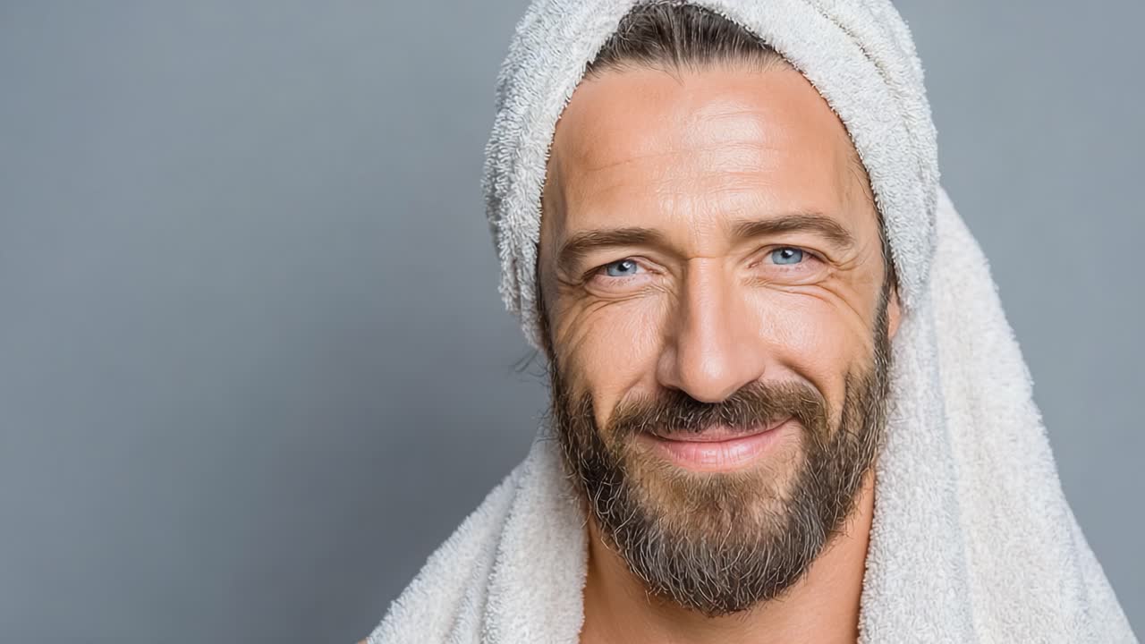 Un uomo fiducioso con un asciugamano in testa mostra un sorriso affascinante in un'atmosfera serena, trasmettendo un senso di relax e cura di sé su uno sfondo neutro.
