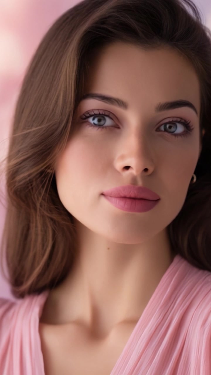 Ritratto accattivante di una giovane donna con pelle radiosa e capelli eleganti, vestita con un abito rosa tenue su uno sfondo delicato e sognante, che evidenzia i tratti aggraziati.