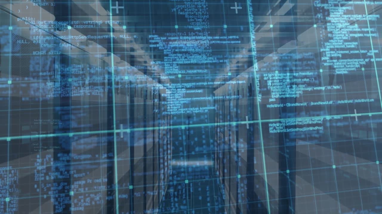 animación del procesamiento de datos a través de la red de red contra la sala de servidores de computadoras