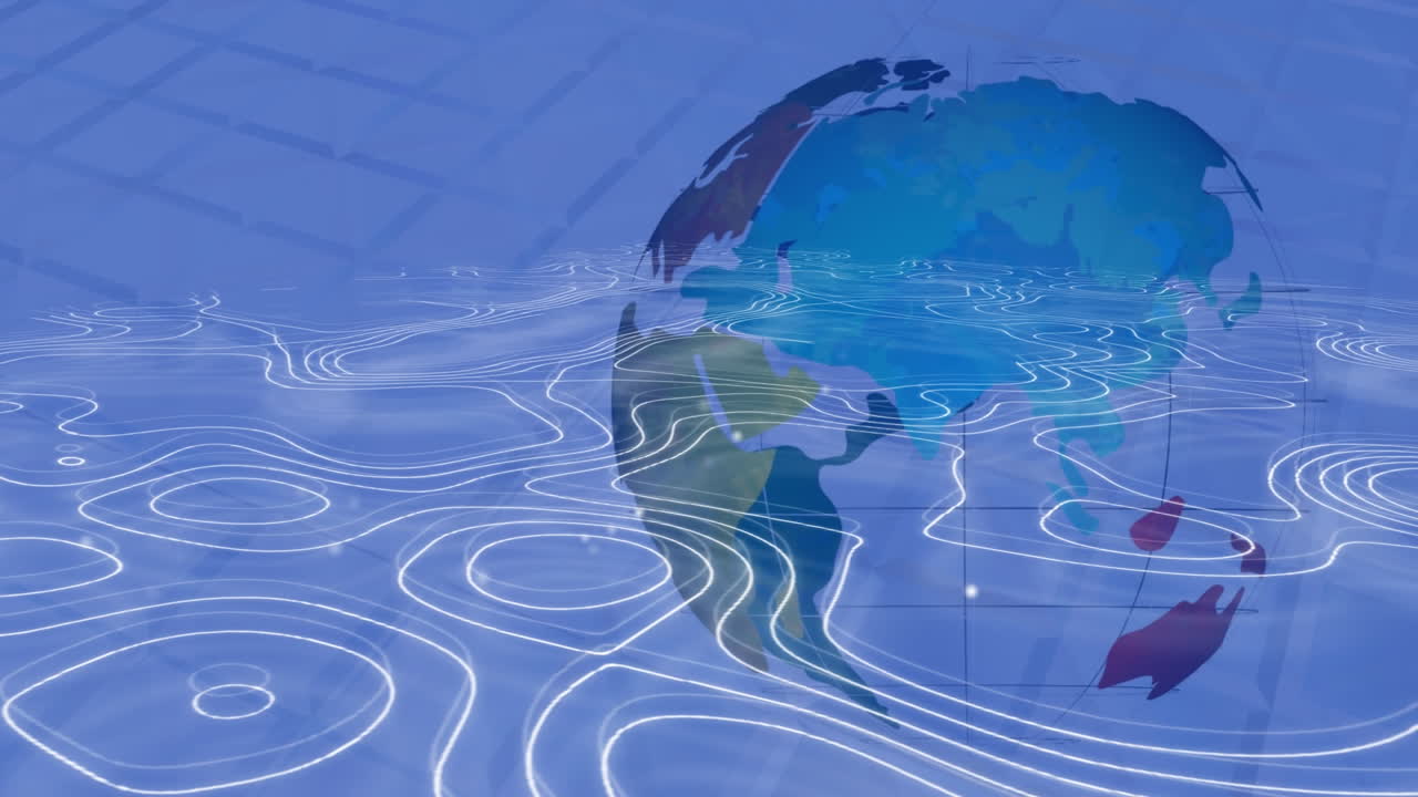 파란색 지구와 파란색 사각형 배경 위에 움직이는  ⁇ 색 지도 선의 애니메이션