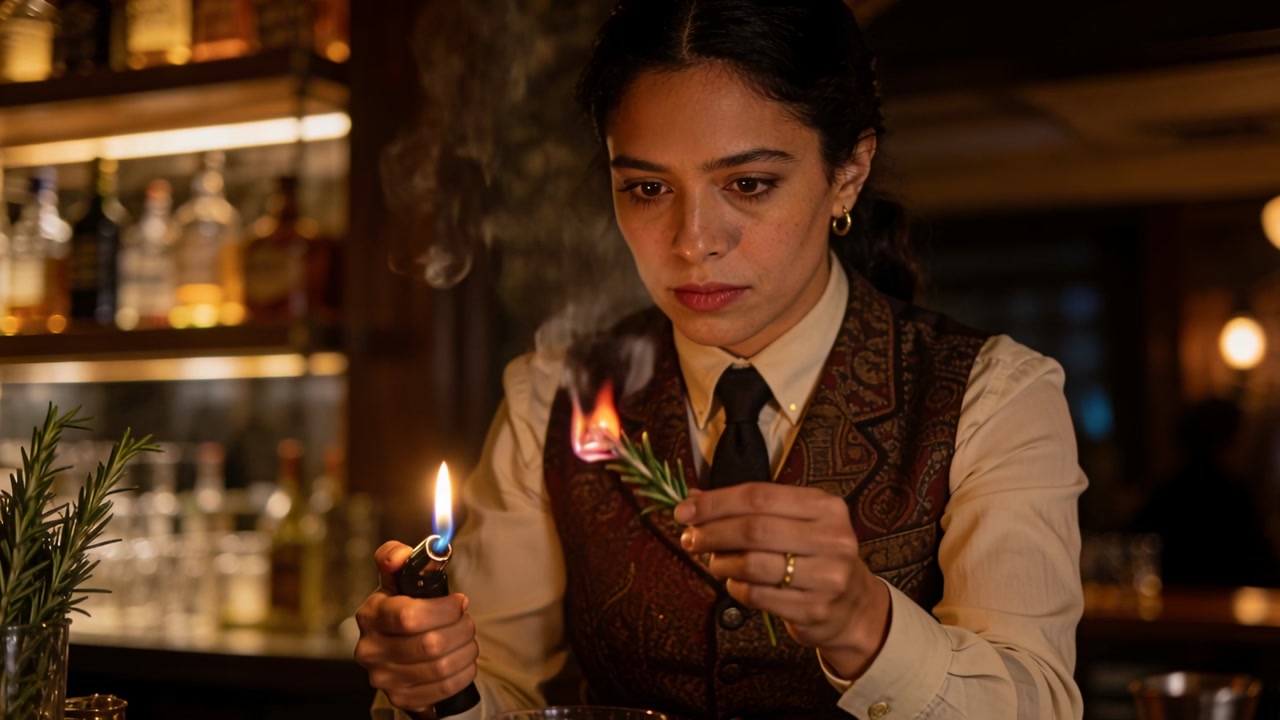 Igniting torch bartender torching rosemary at bar wearing vest and tie making smoke for cocktail