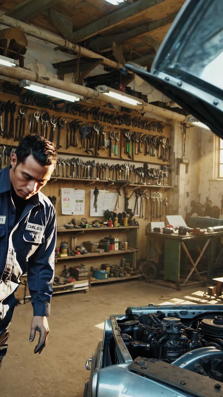 Mechanic in blue overalls works on a car engine in a rustic garage