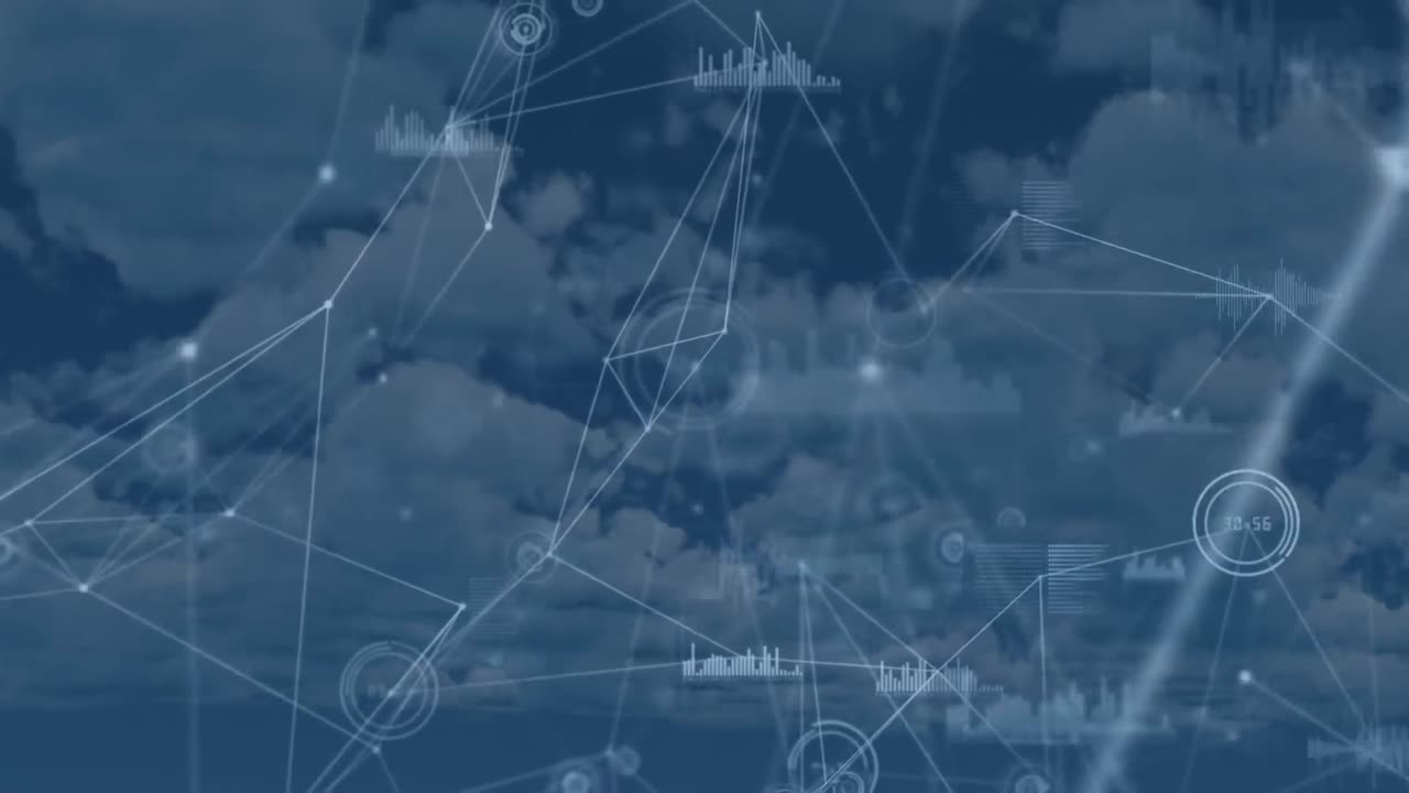 animación de la red de conexiones con el registro de estadísticas sobre nubes en el fondo