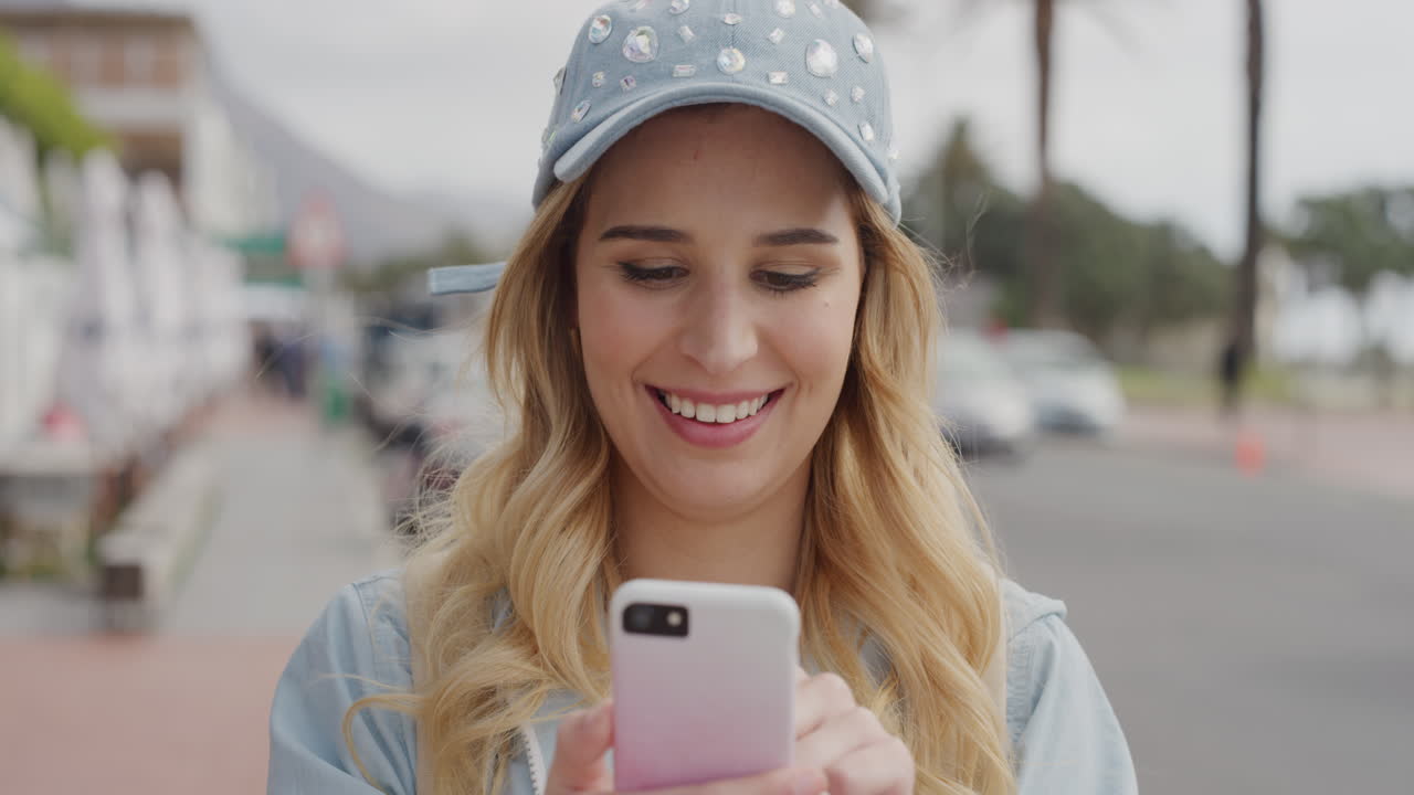 ritratto di una bella giovane donna bionda che usa uno smartphone, che invia messaggi, che naviga, che gode della comunicazione mobile sulla spiaggia urbana soleggiata