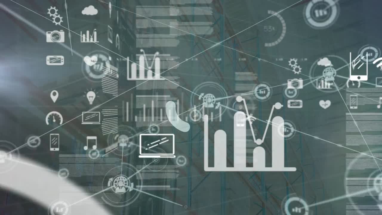 Animation af et netværk af forbindelser med ikoner og databehandling over et lager