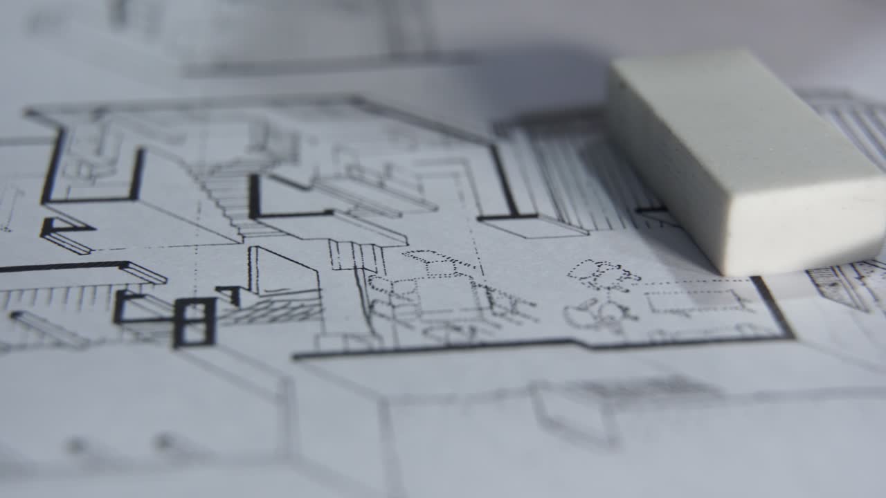 mano de hombre dibujando líneas en el plano de la casa usando lápiz para hacer planos en papel