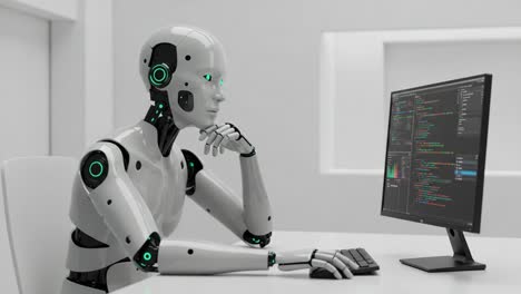 a thoughtful robot engaged in programming: an insightful examination of ai contemplation and technology interaction