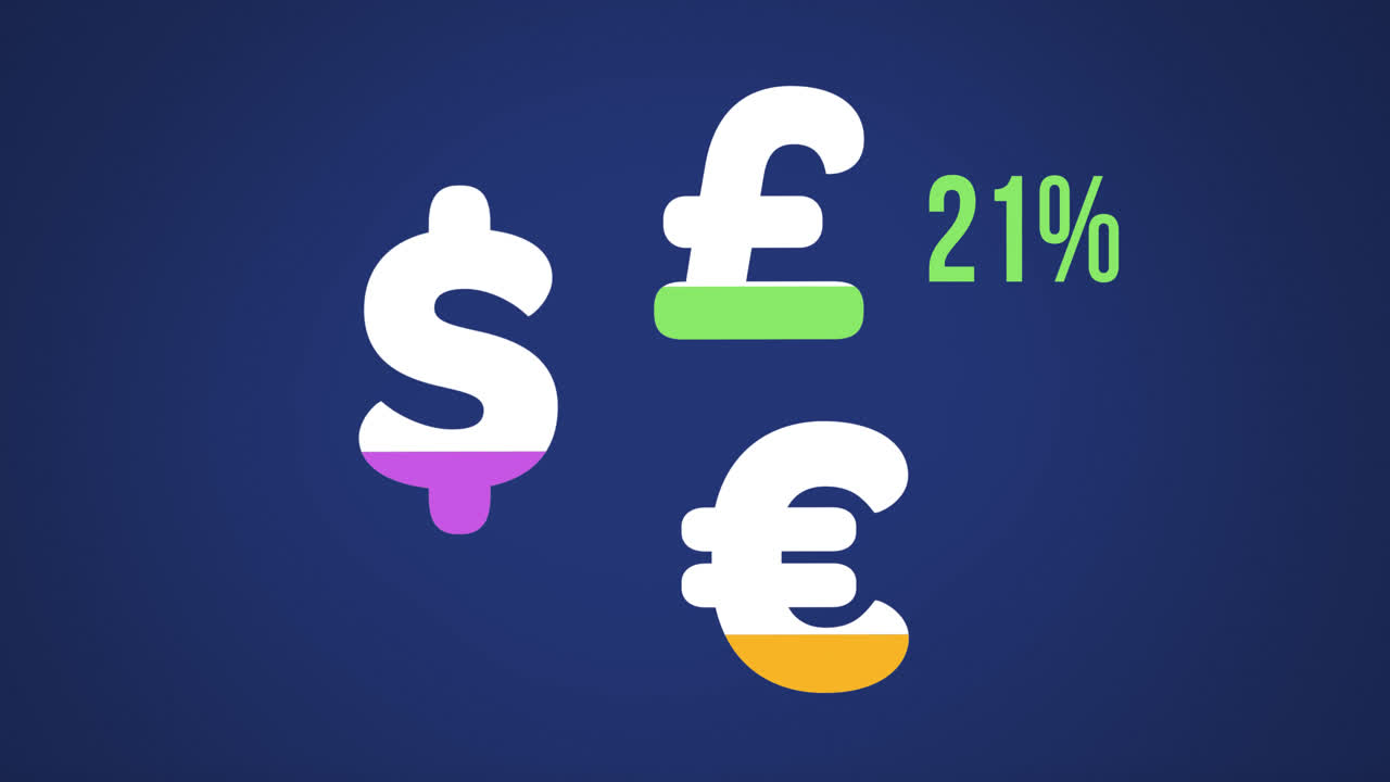 Simboli e numeri delle valute dollaro statunitense, euro e sterlina britannica che si riempiono di colori 4k