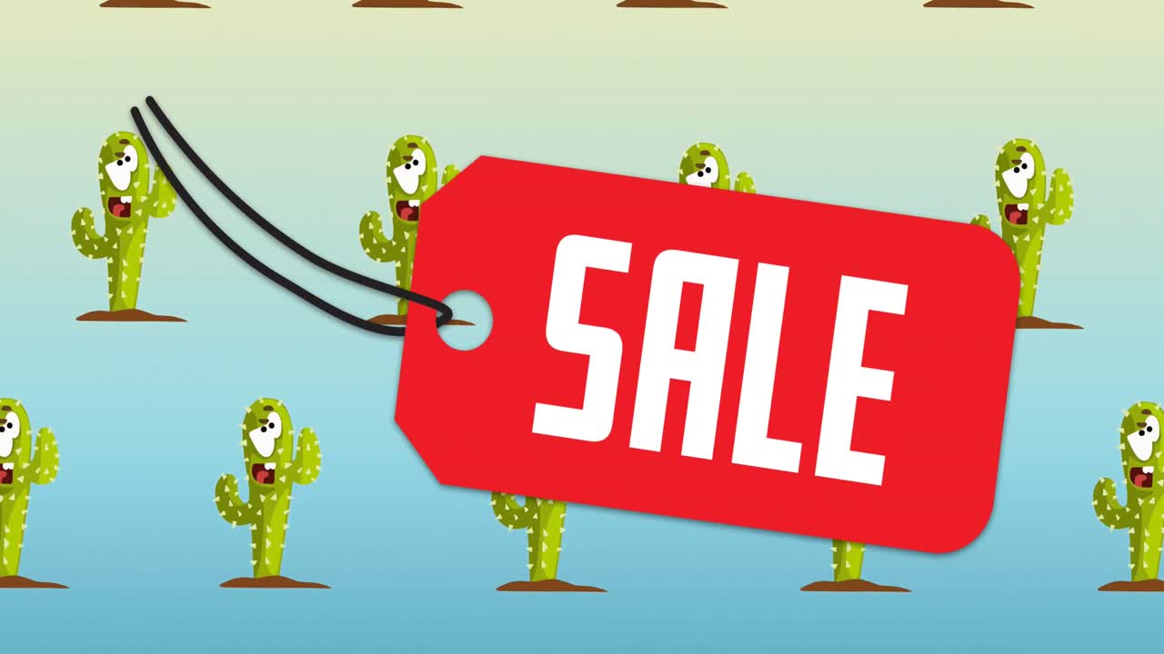 animación digital de la etiqueta con texto de venta contra múltiples iconos de cactus contra un fondo de gradiente