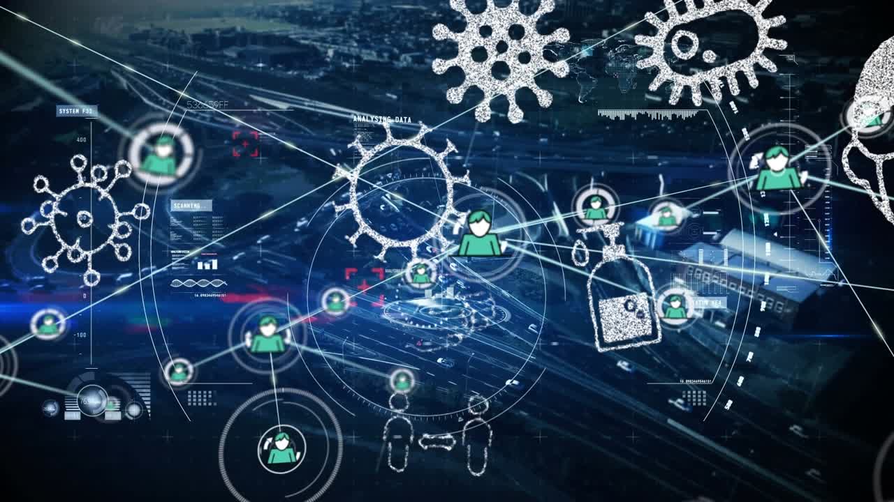 Animation of data processing over pandemic icons