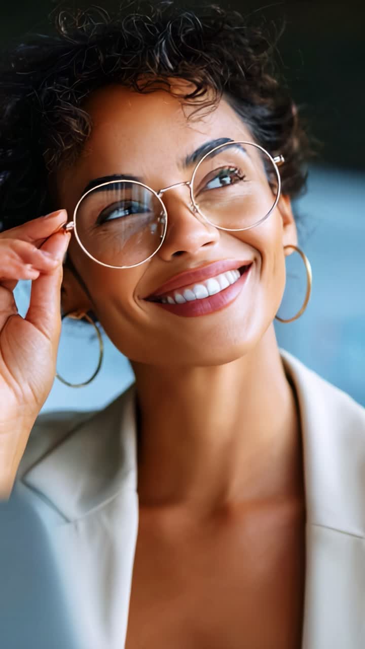 Charming Smiles: A Young Woman in Stylish Glasses Models Elegance and Confidence Through Two Captivating Expressions in a Studio Setting