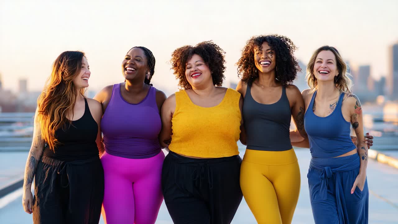 A Celebration of Diversity and Empowerment: Five Joyful Women Embracing Their Unique Beauty and Strength in Colorful Activewear Against a Sunset Cityscape Background