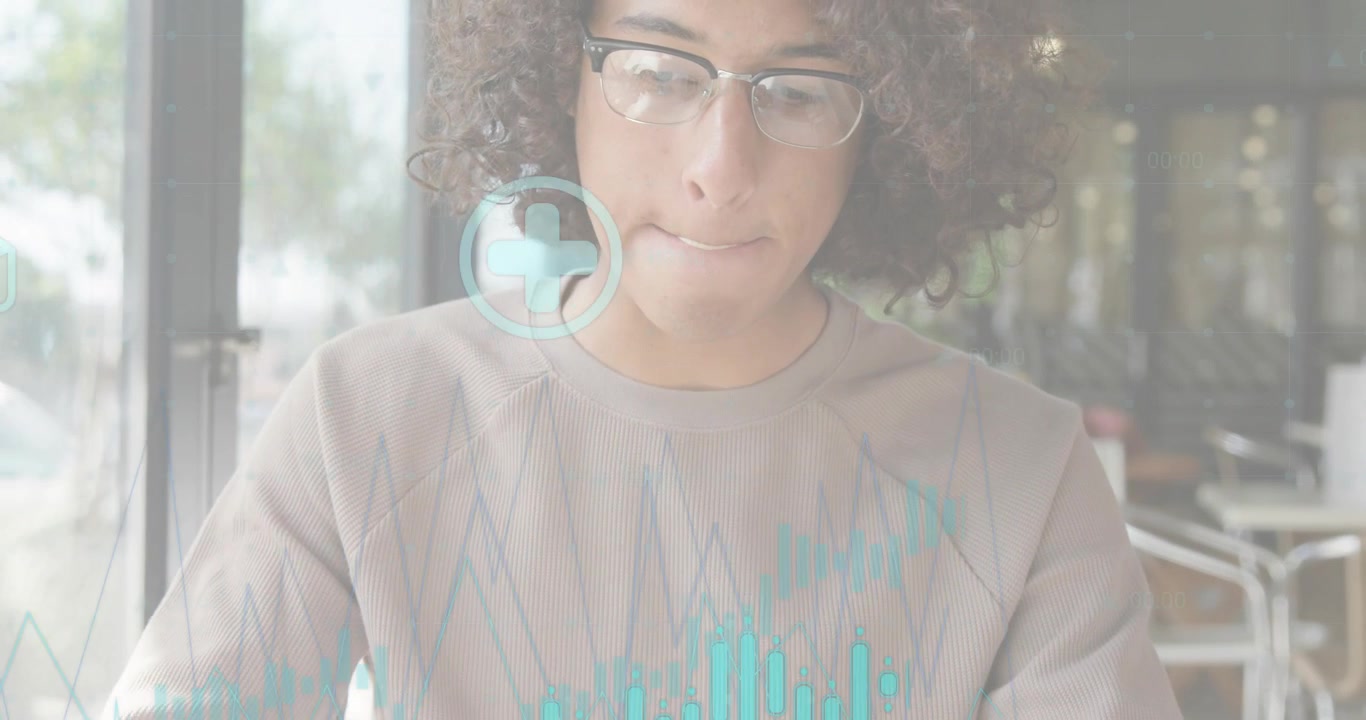 Man sipping coffee in cafe initiating pulsing waveform and hologram finance icons for budgeting