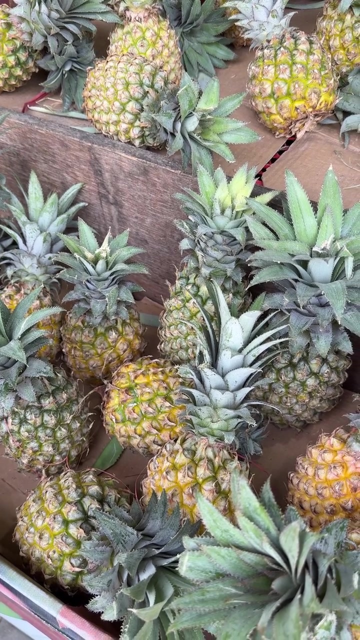 Fresh Pineapples Displayed in Wooden Crate at Market