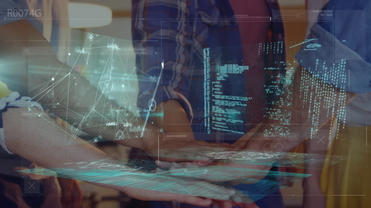 animación del procesamiento de datos financieros sobre diversas personas de negocios que se unen