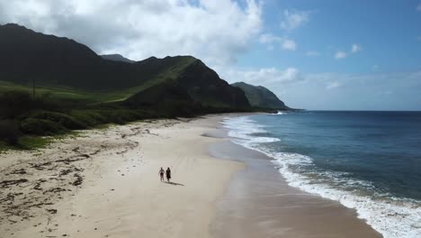 two people on walking on the beach with beautiful scenic backdrop, aerial drone