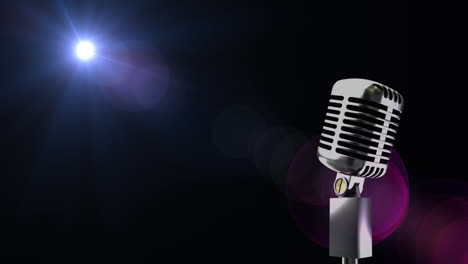 animation of light and vintage microphone on black background