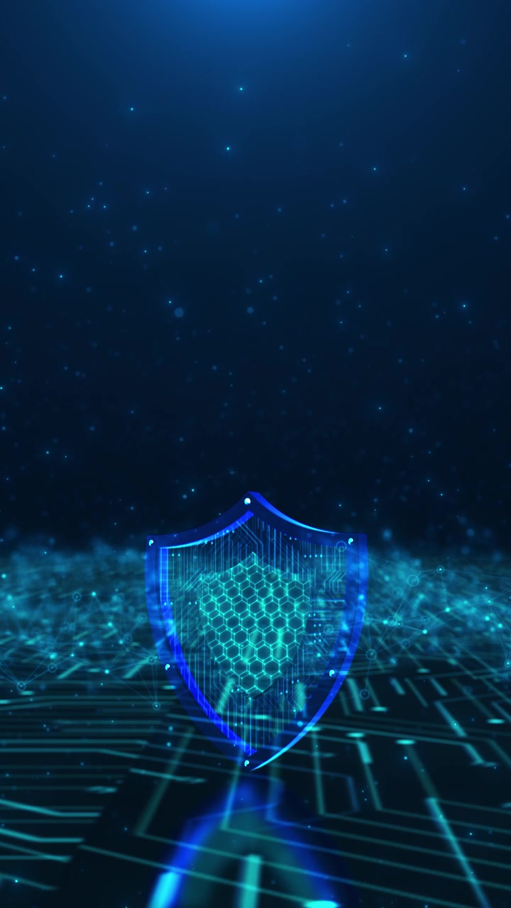 Cyber shield protection background with glowing blue emblem honey grid texture circuit floor and