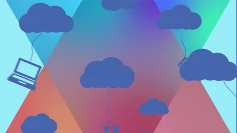 cloud computing icons animation over colorful geometric background