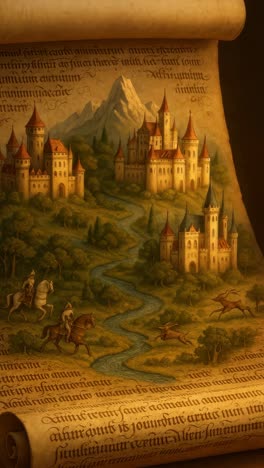 aerial view of a medieval fantasy scroll with castles and knights, resembling a storybook video game