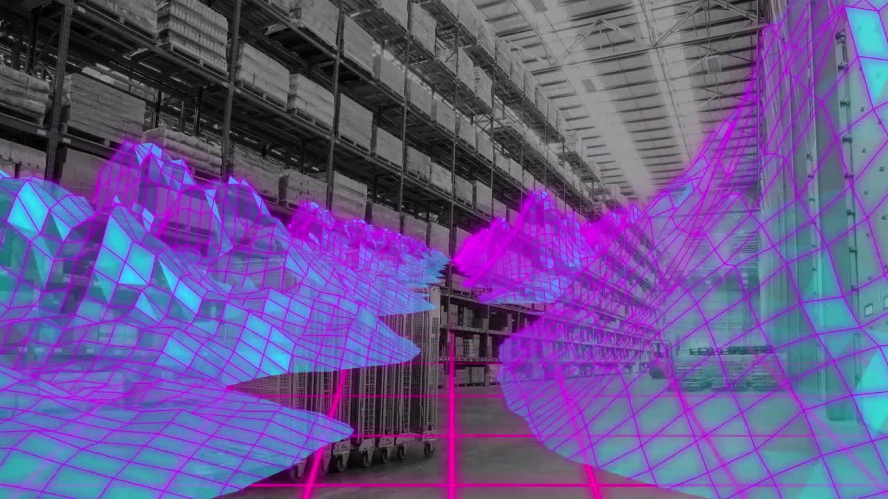 Animation of digital mountains over warehouse