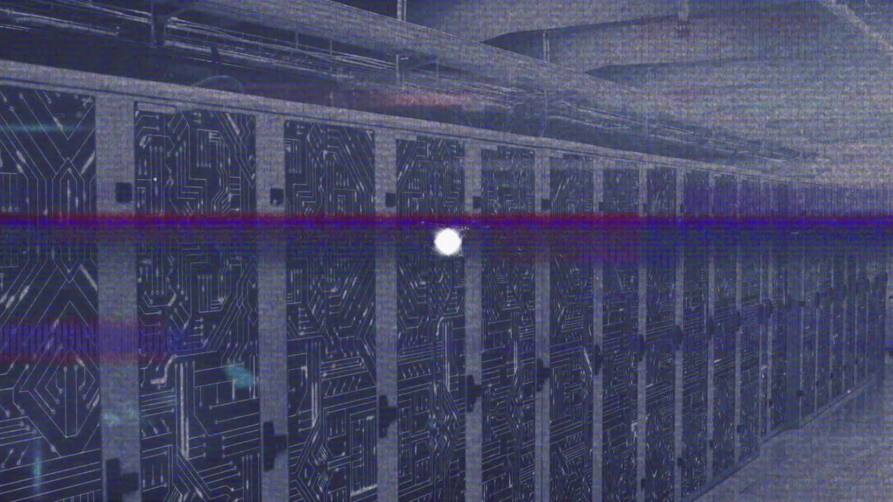 Animation of globe with connections and data processing over computer servers