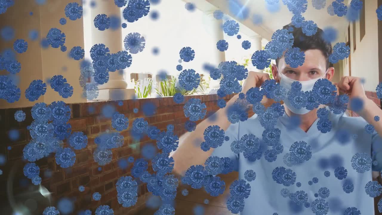 animación de células de virus sobre un médico caucásico con máscara facial