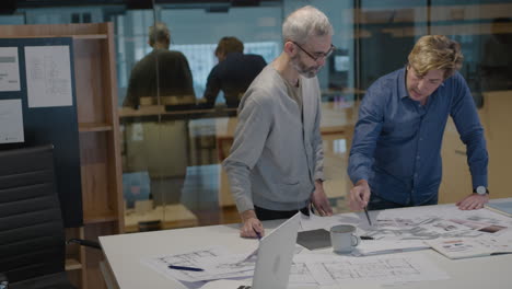 senior architect discussing floor plan with male coworker in office