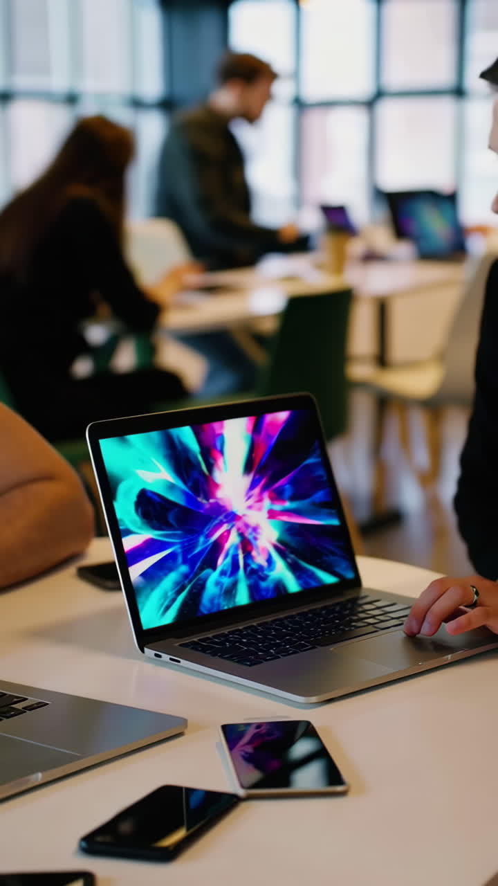 People working on laptops in a bustling, modern co-working office space