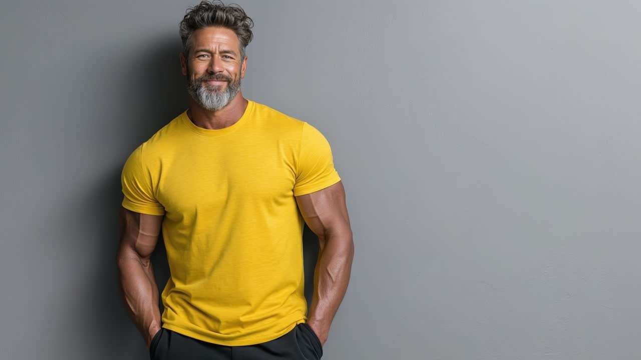 Athletic muscular bearded man in a blank yellow t-shirt posing against a neutral grey studio background